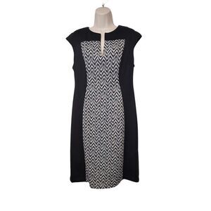 Connected Apparel Stretch Sheath Black/White Chevron Panel Dress 12 V-Neck